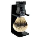 Parker black-handle silvertip badger shaving brush in its stand