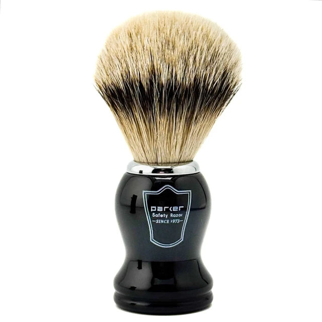 Parker black-handle silvertip badger shaving brush standing upright