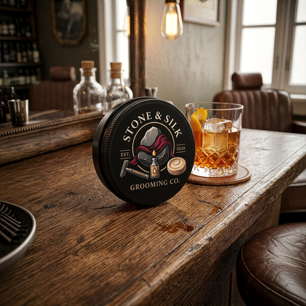 A round black tin of Stone & Silk Grooming Co. sits on a rustic wooden bar counter in a dimly lit bar setting, next to a glass of amber cocktail with an orange slice.