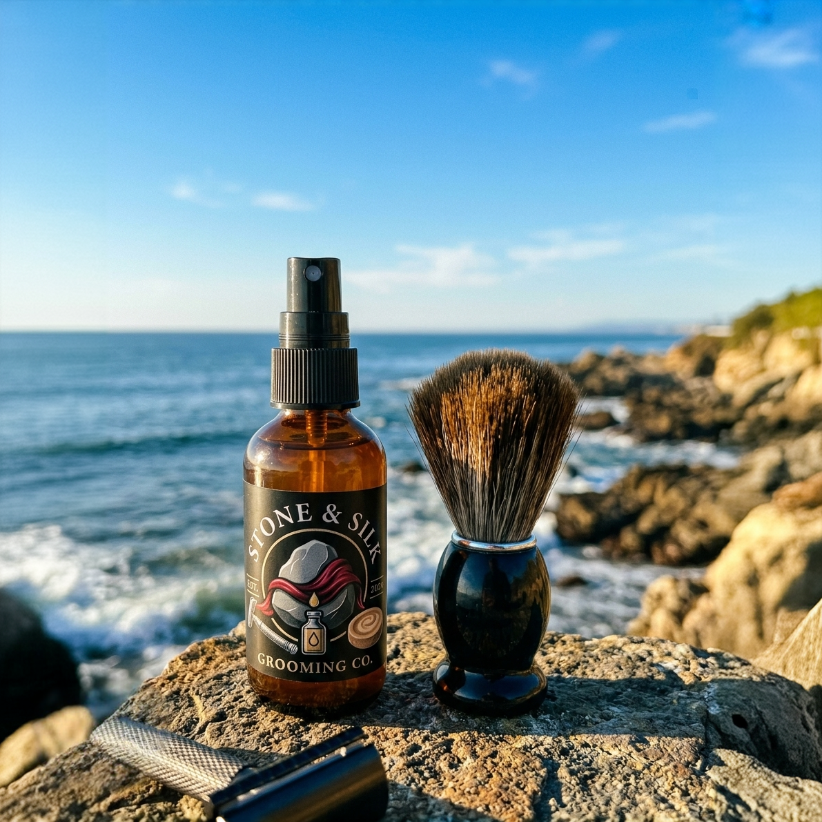 Amber spray bottle labeled Stone & Silky Grooming Co. pre shave oil beside a shaving brush and a razor on a rocky beach.