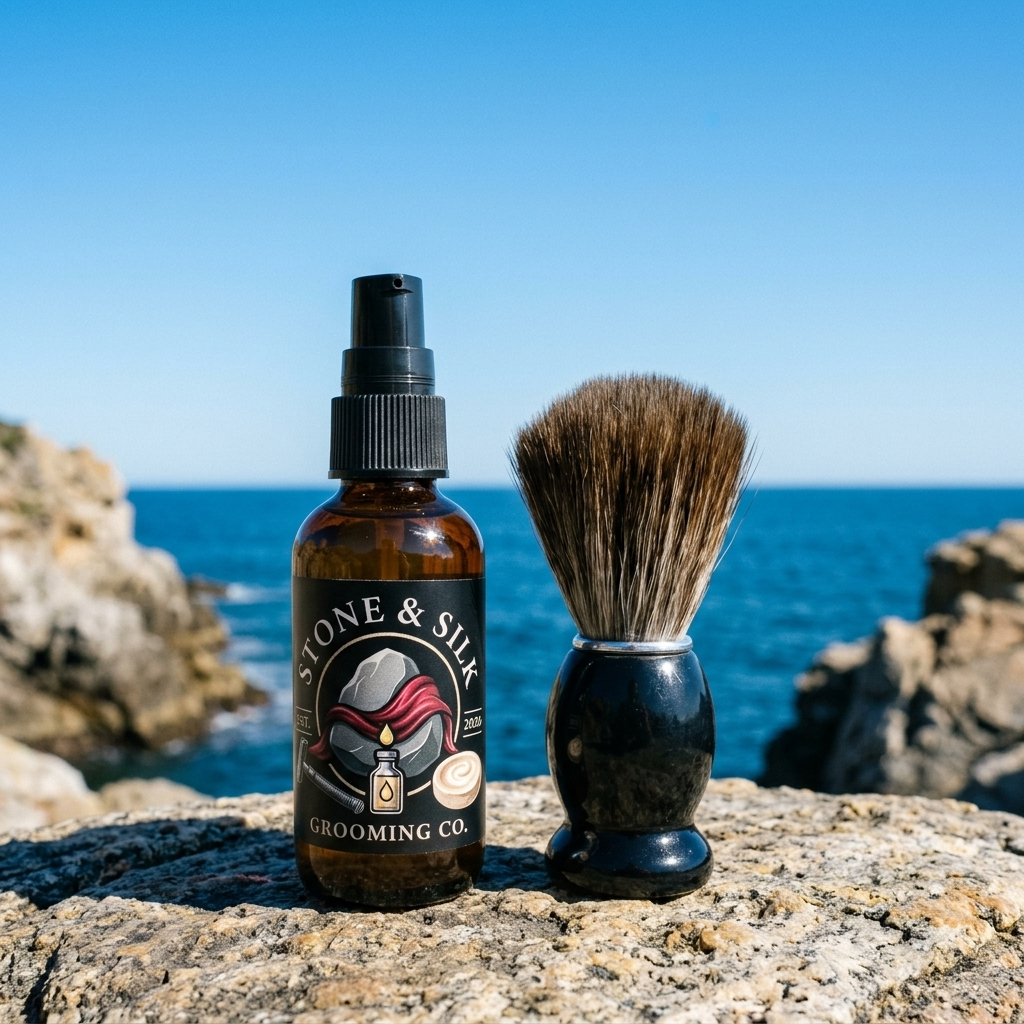 Amber spray bottle labeled Stone & Silky Grooming Co. pre shave oil beside a shaving brush on a rocky beach.