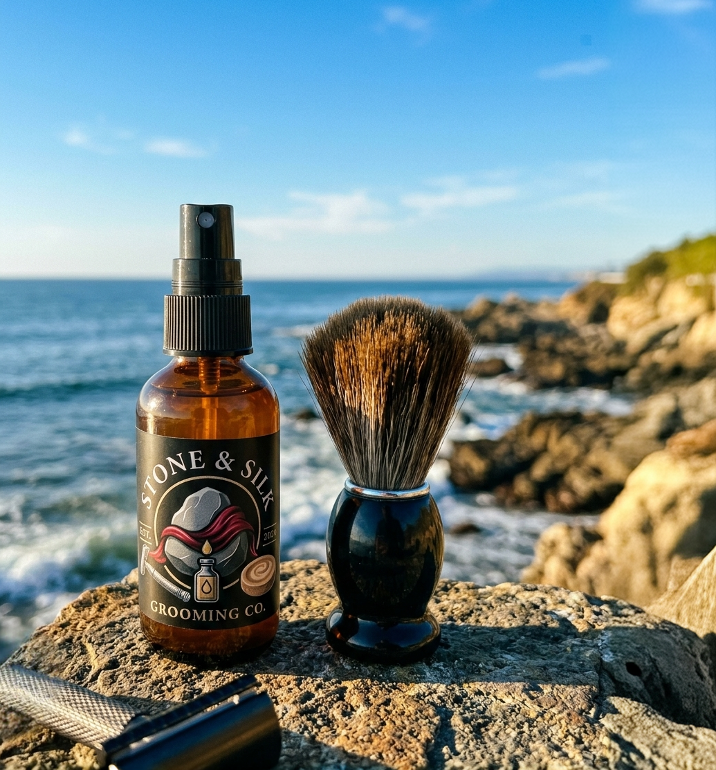 Amber spray bottle labeled Stone & Silky Grooming Co. pre shave oil beside a shaving brush and a razor on a rocky beach.