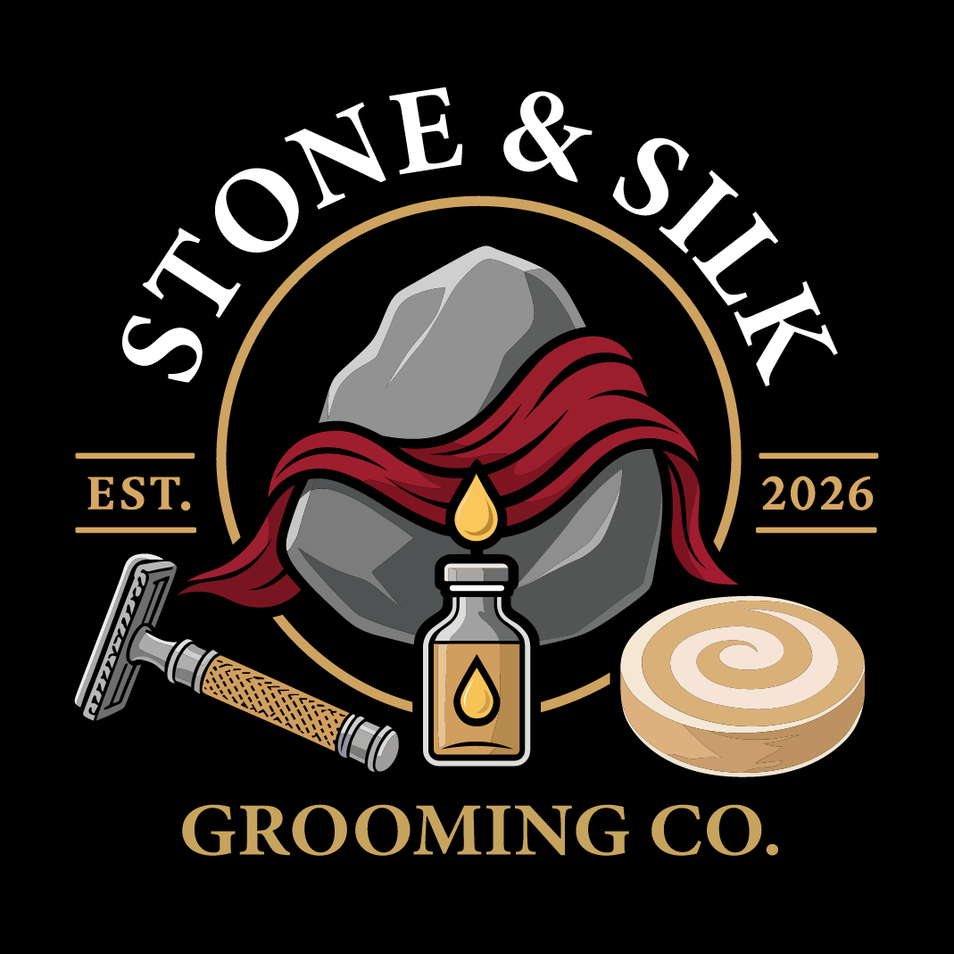 A circular graphic logo on a black background reading 'STONE & SILK GROOMING CO.' with 'EST.