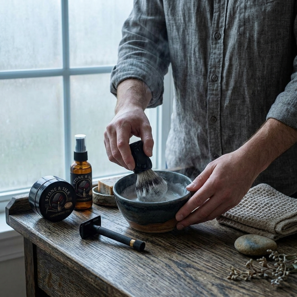 A man in a gray linen shirt washes a shaving brush in a small bowl of water on a rustic wooden table, with beard care products including an amber spray bottle, a black tin, and a black-and-gold razor nearby.