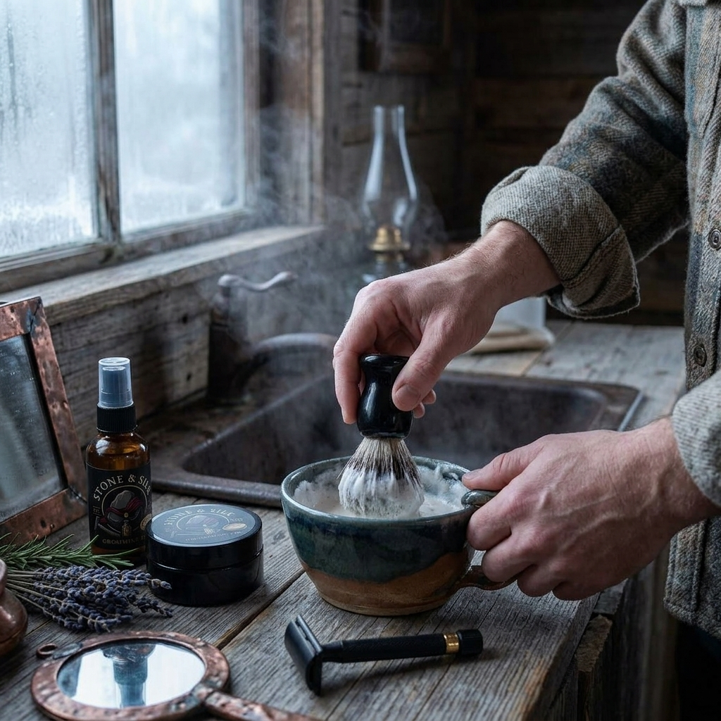 A person shaving in a rustic bathroom setting, using a shaving brush with white lather in a dark ceramic bowl. A bottle of beard oil and a black beard balm jar sit nearby on the wooden counter, with steam rising from the sink and a window in the background.