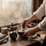 A person's hands wash their face with a shaving lather in a dark bowl, with a shaving brush, bottle, candle, and wooden tools arranged on a rustic wooden table by a window.