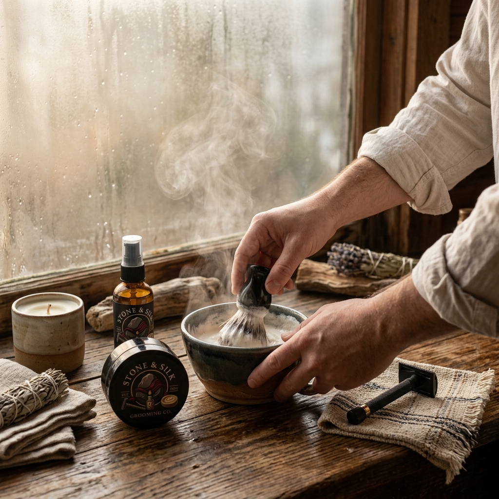 A person's hands wash their face with a shaving lather in a dark bowl, with a shaving brush, bottle, candle, and wooden tools arranged on a rustic wooden table by a window.