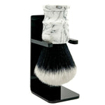 Parker tuxedo synthetic shaving brush resting in its stand