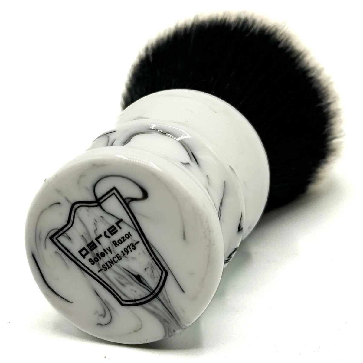 Parker tuxedo synthetic shaving brush, side view with logo