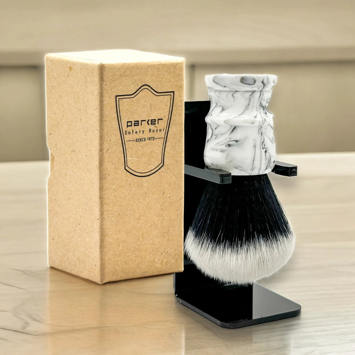 Parker marbled white and black tuxedo synthetic shaving brush with stand and box