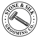 A circular black-and-white logo reading “STONE & SILK GROOMING CO.” with a vintage-style safety razor illustration in the center.